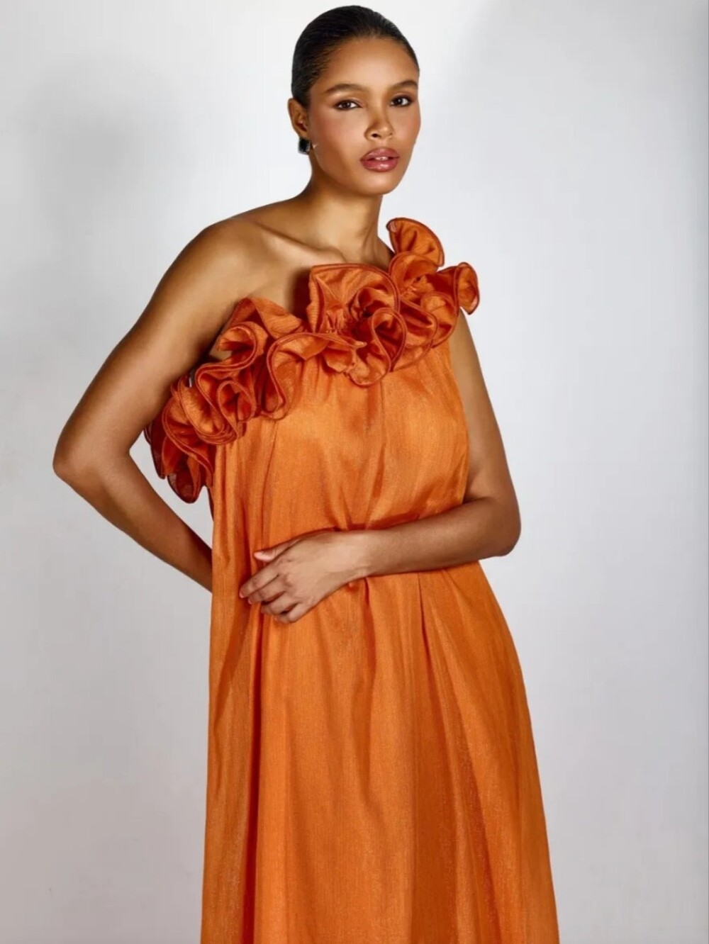 Sunfere Hedda Orange One Shoulder Ruffle Maxi Dress Size S Formal Gown - Picture 5 of 16
